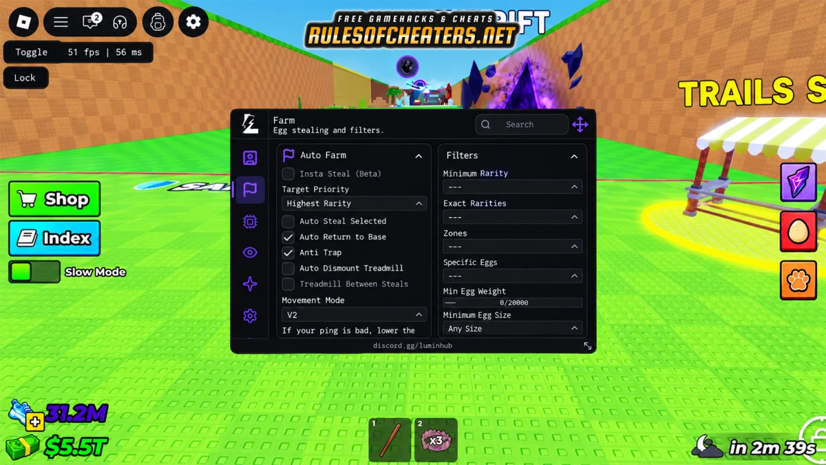 Steal An Egg Lumin Hub Script – Auto Farm, Anti Trap, Filters