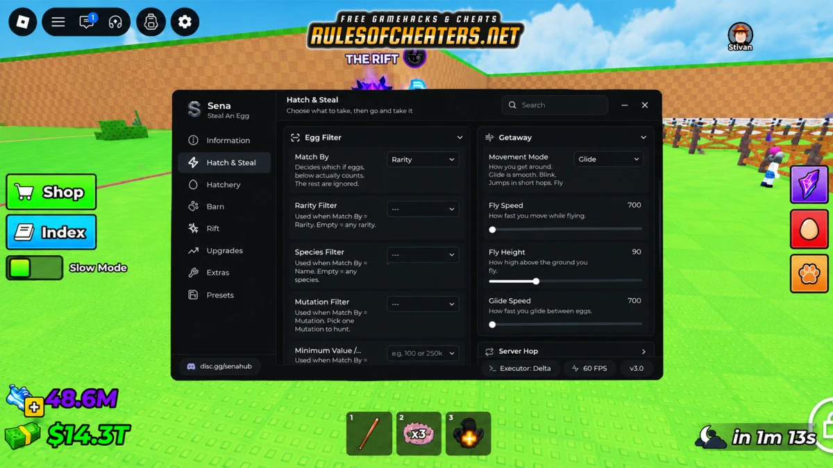 Steal An Egg Sena Hub Script – Hatch & Steal, Fly, Server Hop