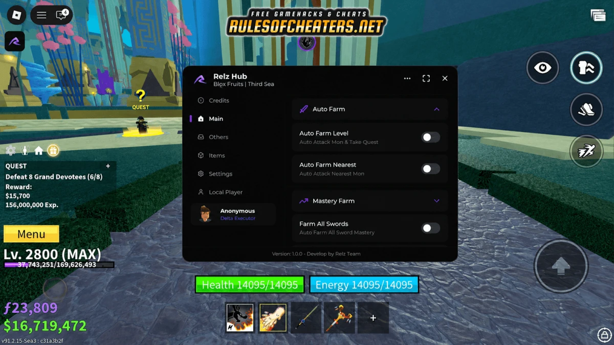 Blox Fruits Relz Hub Script – Auto Farm, Mastery Farm