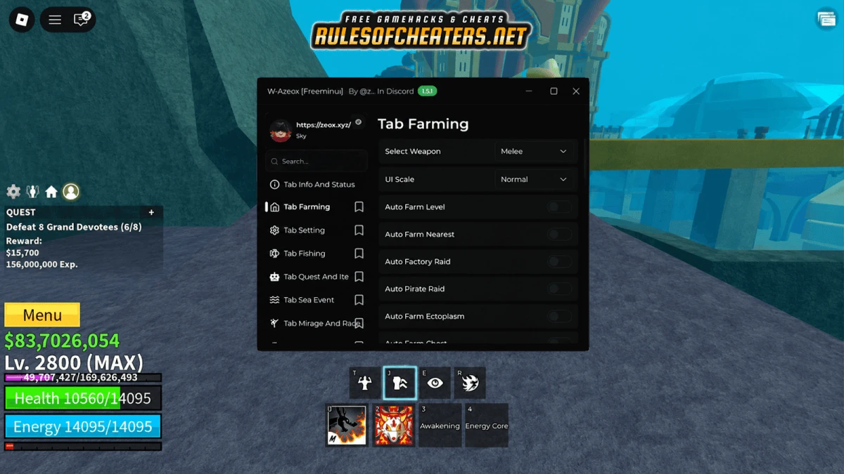 Blox Fruits W-Azeox Hub Script – Tab Farming, Raid, Fishing