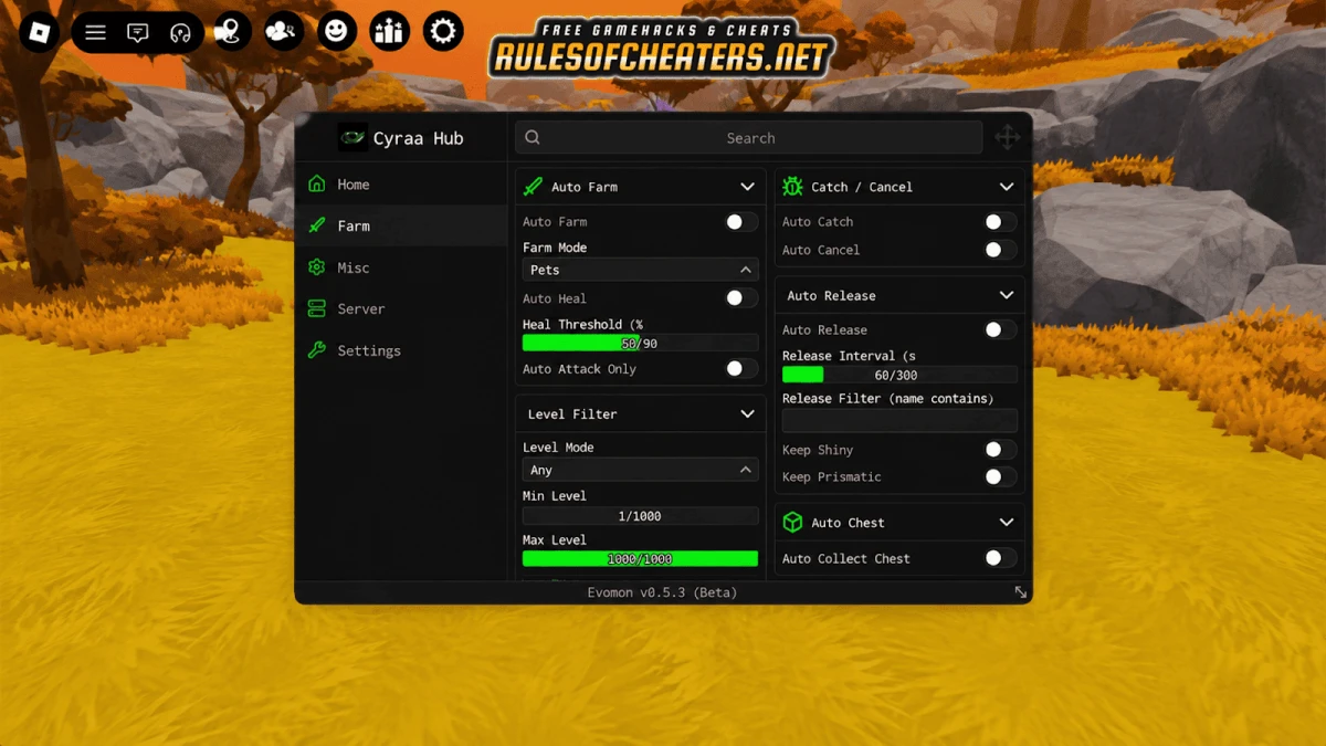 Evomon Cyraa Hub Script – Auto Farm, Auto Catch, Auto Release